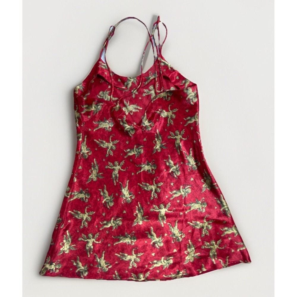 Satin & Beaux Slip Dress Women Large Red Cherub Print Spaghetti Strap Scoop Neck